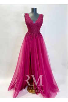 Rochie rosu Rubin, din broderie cu micropaiete si tulle fin